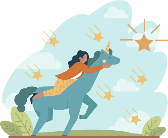 Girl riding on unicorn while getting like  Illustration