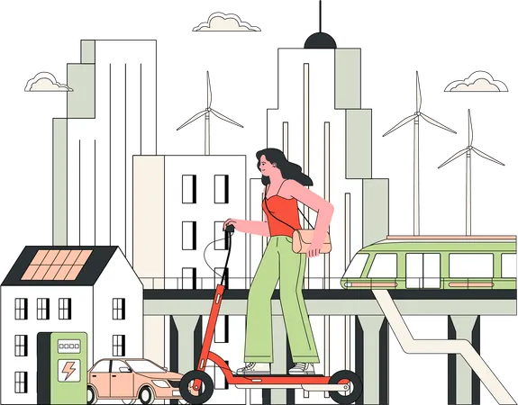 Girl riding scooter in city  Illustration