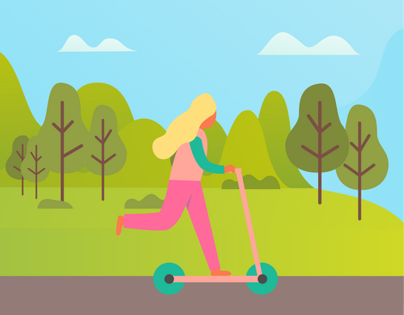 Girl riding scooter in Park  Illustration