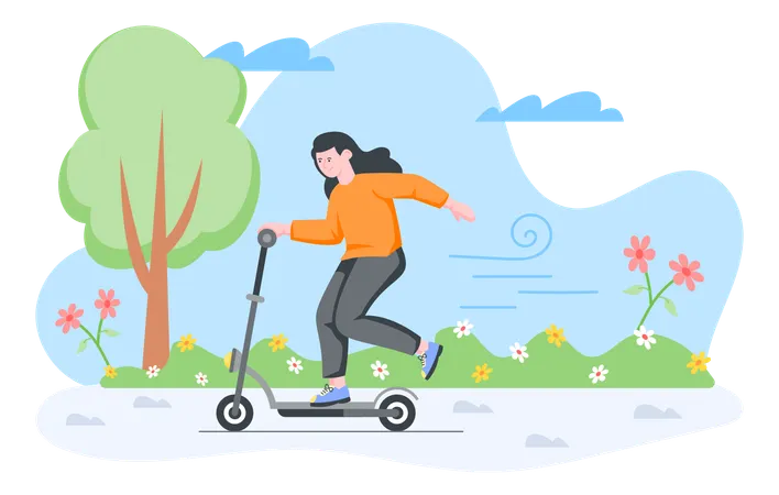 Girl riding scooter in park during spring season  Illustration