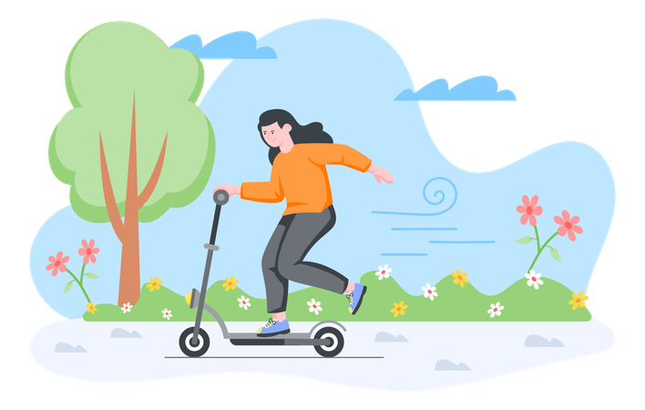 Girl riding scooter in park during spring season  Illustration