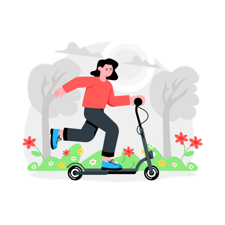 Girl riding scooter in Spring Season  Illustration