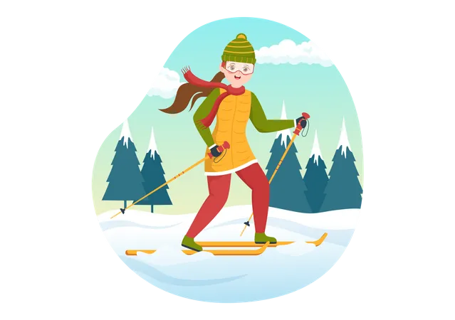 Girl riding ski in snowy forest Illustration