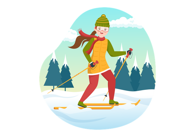 Girl riding ski in snowy forest  Illustration