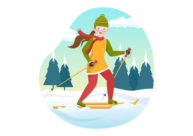 Girl riding ski in snowy forest  Illustration