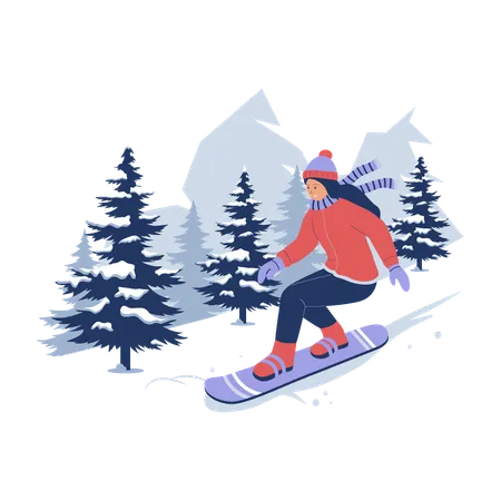 Girl riding snowboard down hill  Illustration