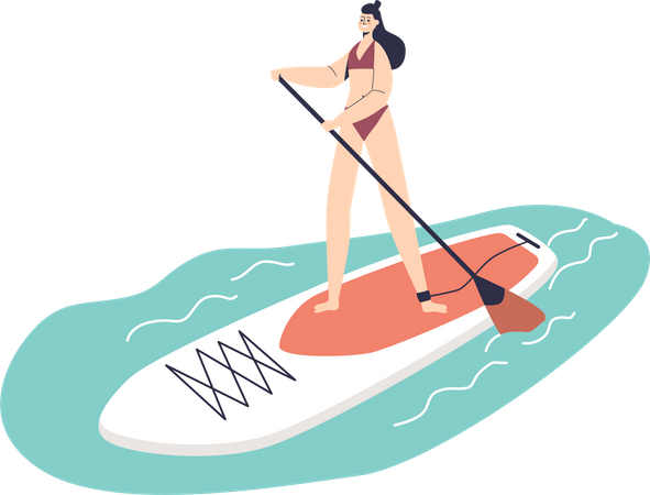 Girl riding sup board with paddle  Illustration