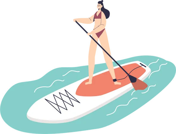 Young Woman Practive Paddleboard During Summer Vacation On Seaside Resort Girl Riding Sup Board With Paddle In Sea Beach Activities And Recreation Concept Cartoon Flat Vector Illustration Illustration