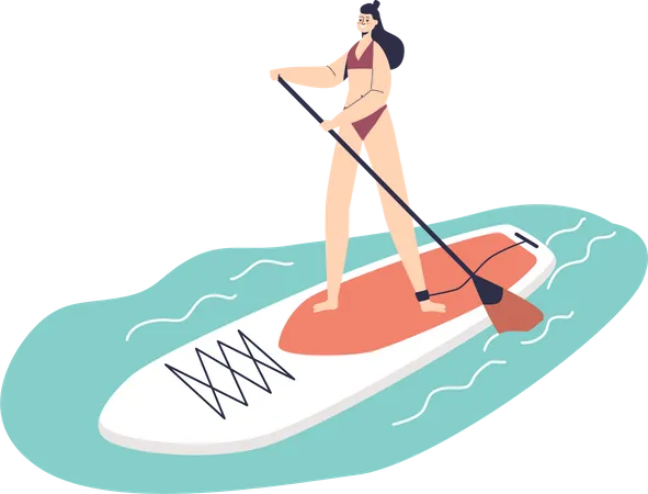 Girl riding sup board with paddle  Illustration