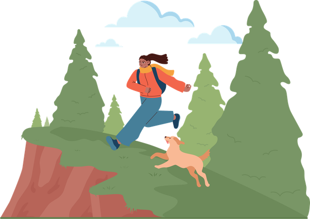 Girl running and reached at montain top point  일러스트레이션