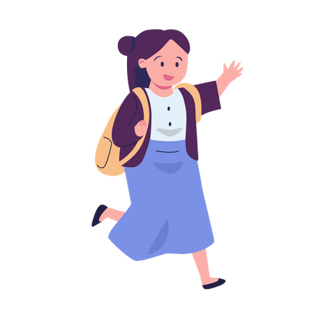 Girl Running And Waving Hand With School Bag  Illustration