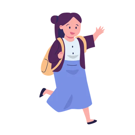 Girl Running And Waving Hand With School Bag  Illustration