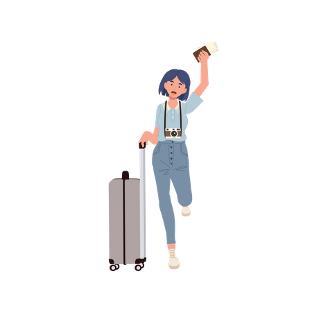 Girl running at airport with bag and password  Illustration