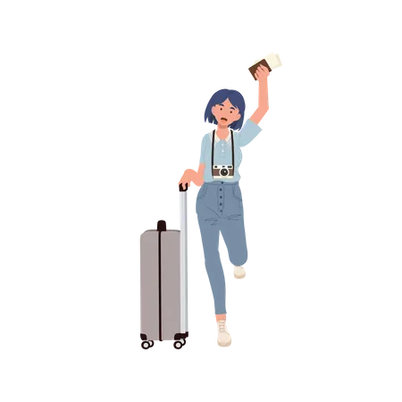 Girl running at airport with bag and password  Illustration