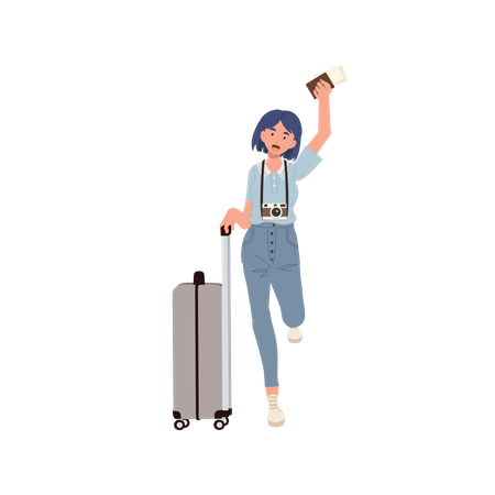 Girl running at airport with bag and password  일러스트레이션