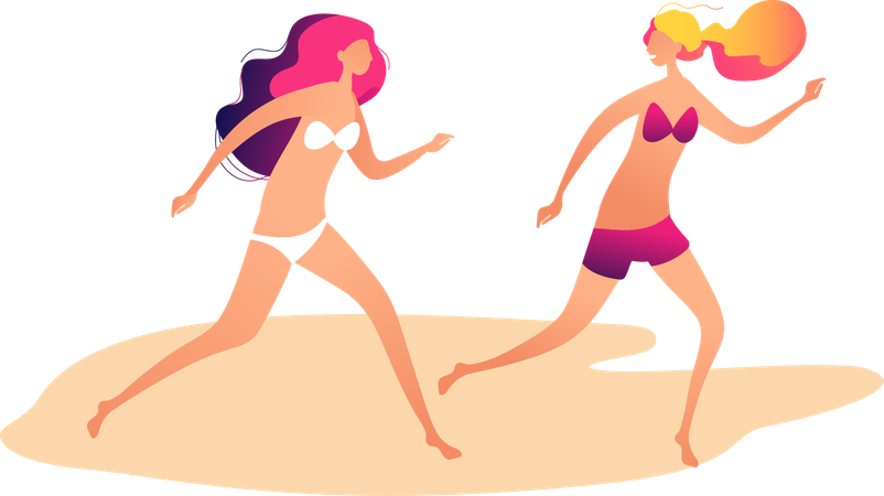 Girl running at beach wearing bikini  Illustration