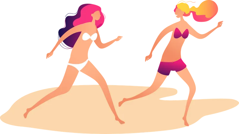 Girl running at beach wearing bikini  Illustration