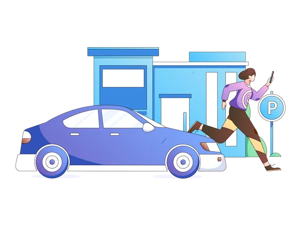 Girl running for car while holding mobile  Illustration