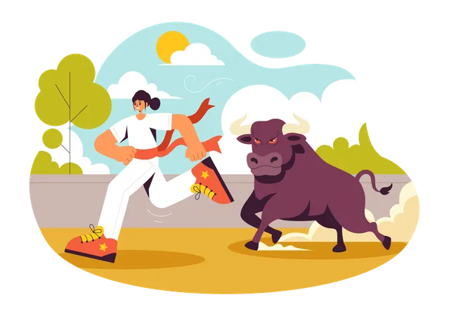 Girl running in Bull Stampede  Illustration