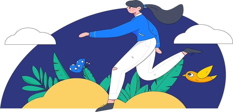 Girl running in park with butterfly  Illustration