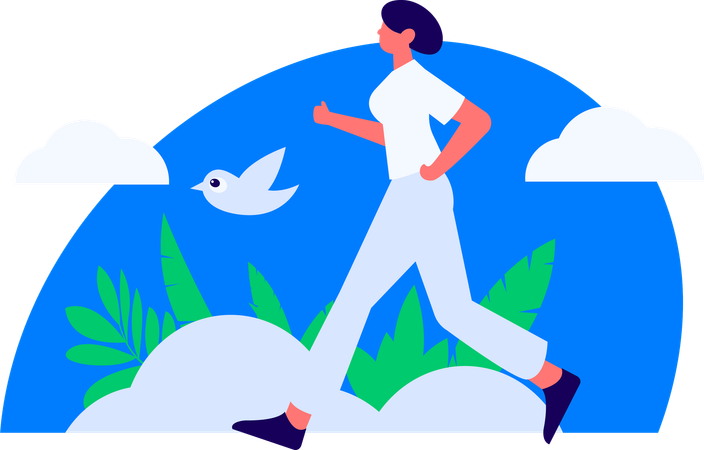 蝶と一緒に公園を走る女の子  イラスト