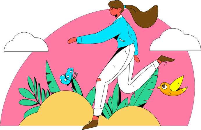 Girl running in park with butterfly  Illustration