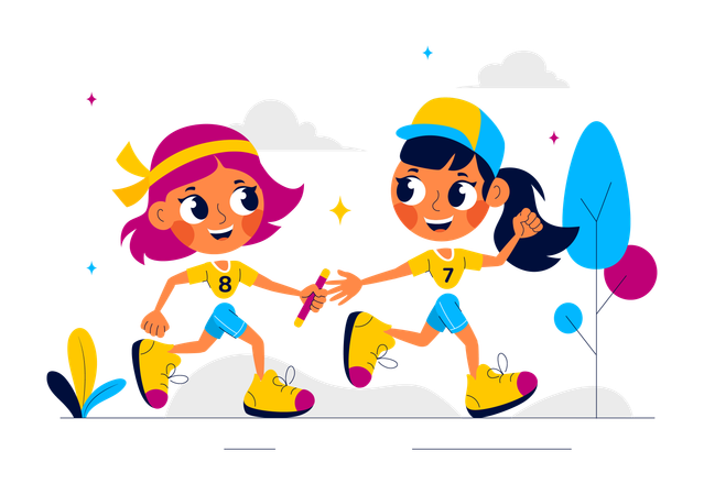 Girl running in relay race passing baton to other girl  Illustration