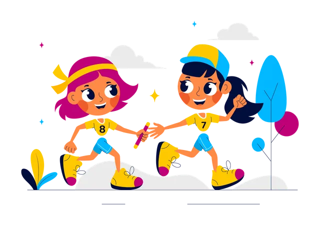 Girl running in relay race passing baton to other girl  Illustration