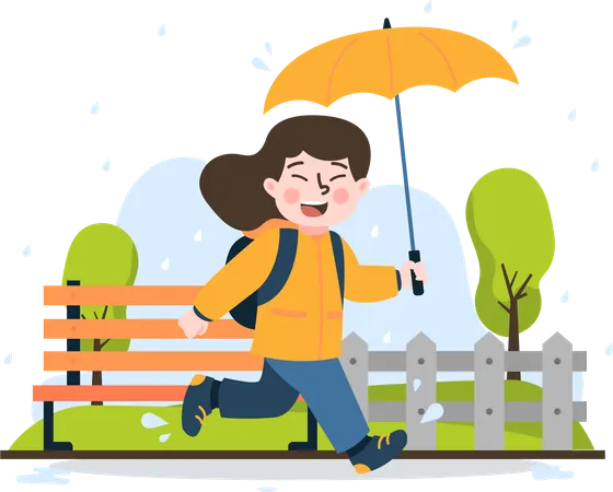 Explore The Joys Of Childhood With Our Charming Flat Illustration Of Student Girl Running In The Rain Using Umbrella Goes To School Designed For A Kindergarten Theme This Artwork Brings To Life Fun And Exciting Activities For Young Learners Ideal For Educational Materials Websites Or Promotional Materials These Flat Illustrations Add A Fun Touch To Your Content Illustration