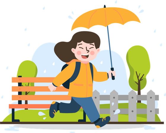 Girl Running In The Rain - Flat Illustration  Illustration