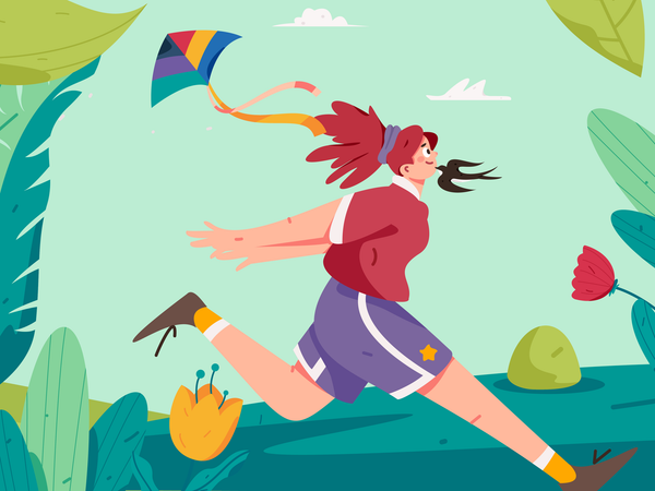 Girl running on kite flying festival  Illustration