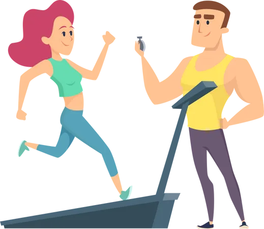 Girl running on treadmill and trainer watching timer Illustration