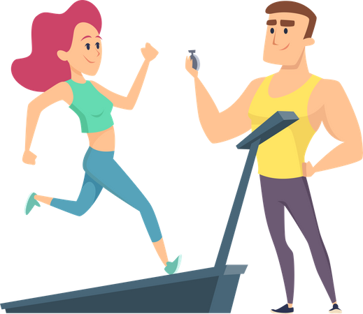 Girl running on treadmill and trainer watching timer  Illustration