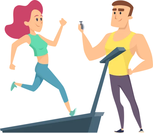 Girl running on treadmill and trainer watching timer  Illustration