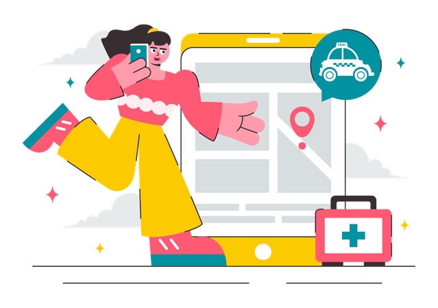 Girl running while called emergency taxi using mobile  Illustration