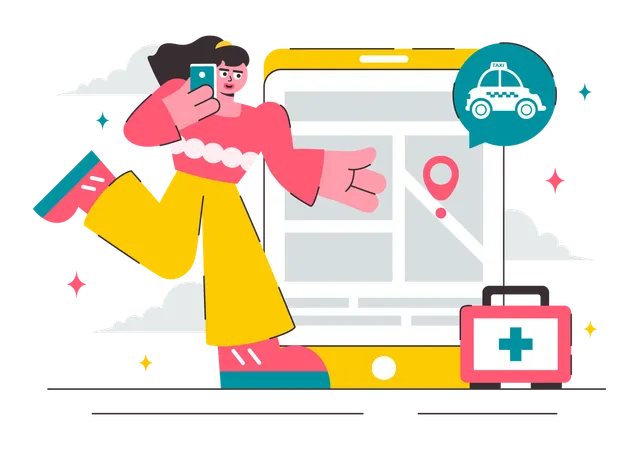 Girl running while called emergency taxi using mobile  Illustration