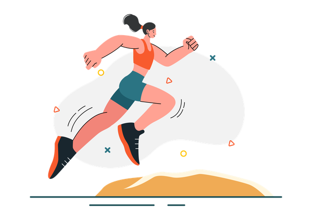 Girl running while doing long jump in sand  Illustration