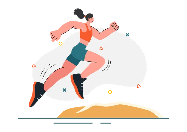 Girl running while doing long jump in sand  Illustration