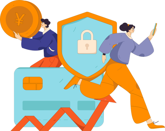 Girl running while doing secure payment using mobile  Illustration