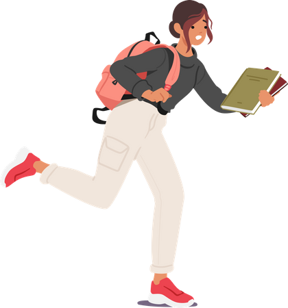 Girl Running With Backpack And Pile Of Books In Hands Being Late To Lessons In College  Illustration