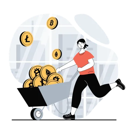 Girl running with crypto cart  イラスト