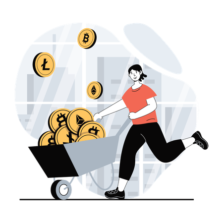 Girl running with crypto cart  Illustration