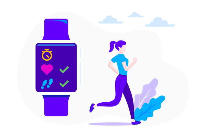 Girl Running With Smart Watch Illustration