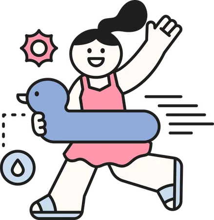 Girl running with swimming ring while waving hand  Illustration