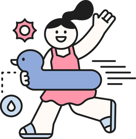 Girl running with swimming ring while waving hand  Illustration