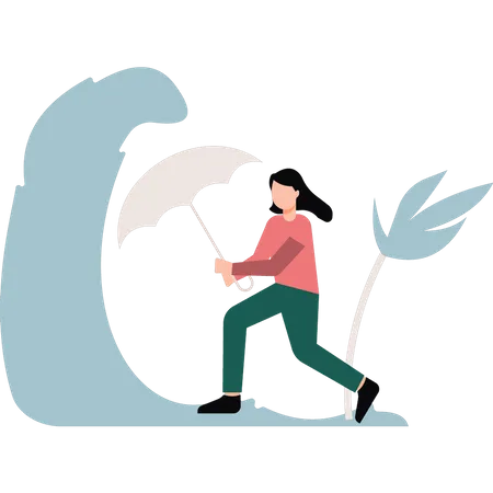 The Girl Is Running With An Umbrella Illustration
