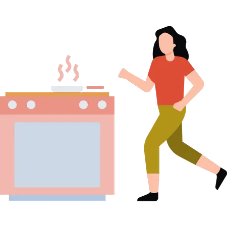Girl runs to see burning food Illustration