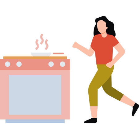 Girl runs to see burning food  Illustration