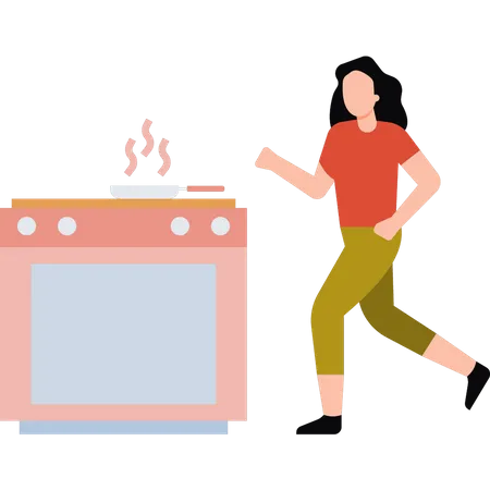 Girl runs to see burning food  Illustration