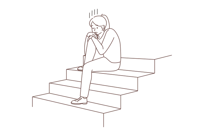 Girl sad and sitting on staircase  Illustration